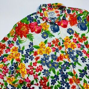 Solutions Original L‎ White Button Down Floral Shirt Rayon Shoulder Pads